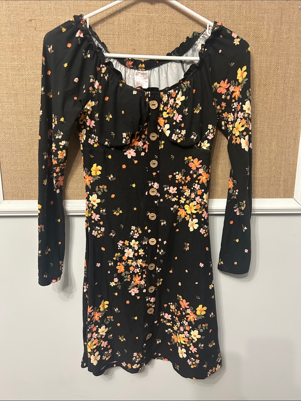 No Boundaries Black Floral Button-Front Long Sleeve Mini Dress